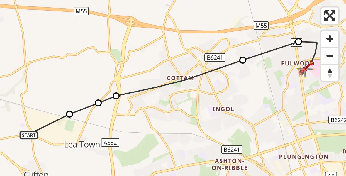 Flight route Air Ambulance Helicopter Newton-with-Scales - Preston, 03 June 2026, 11:57