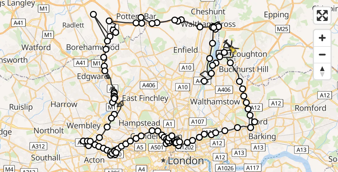 Flight route Police Helicopter Sewardstonebury - Sewardstonebury, 03 June 2026, 12:07
