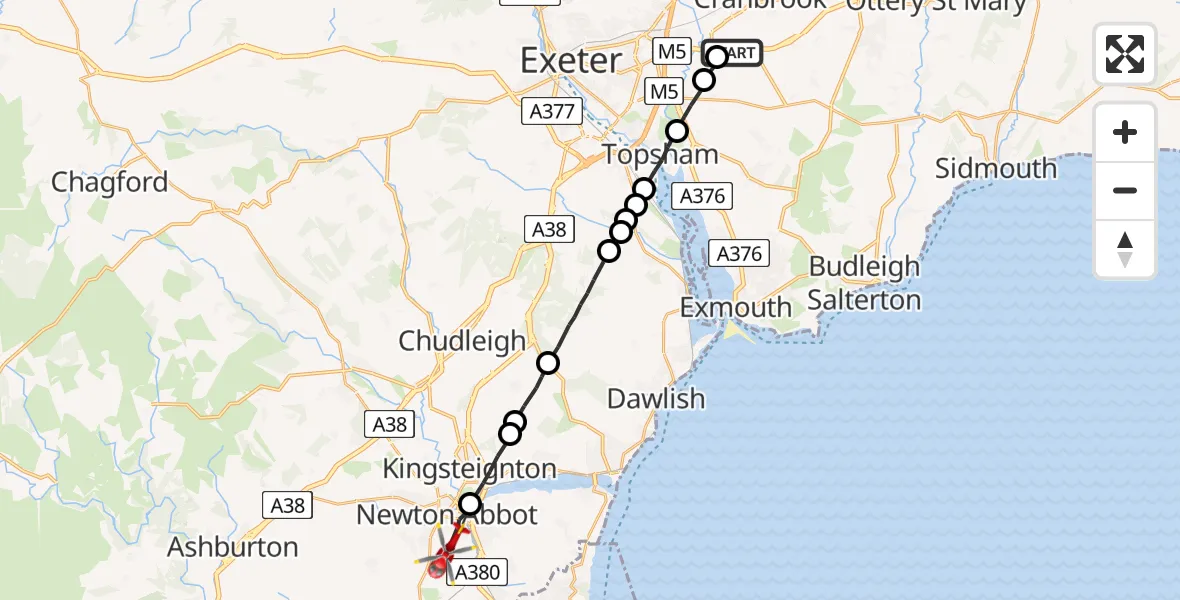 Flight route Air Ambulance Helicopter Exeter International Airport - Abbotskerswell, 03 June 2026, 12:30