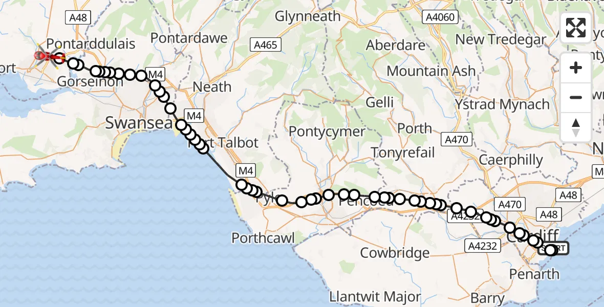 Flight route Air Ambulance Helicopter Cardiff Heliport - Dafen, 03 June 2026, 12:33