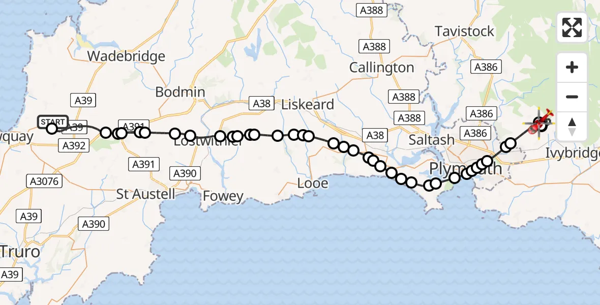 Flight route Air Ambulance Helicopter Cornwall Airport Newquay - Cornwood, 03 June 2026, 12:42