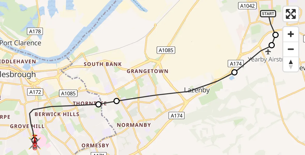 Flight route Air Ambulance Helicopter Redcar - James Cook University Hospital, 03 June 2026, 12:46