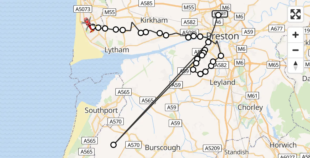 Flight route Air Ambulance Helicopter Royal Preston - Blackpool Airport, 03 June 2026, 12:50
