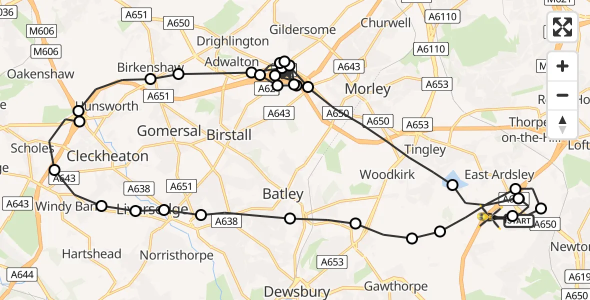 Flight route Police Helicopter Wrenthorpe - East Ardsley, 03 June 2026, 13:04
