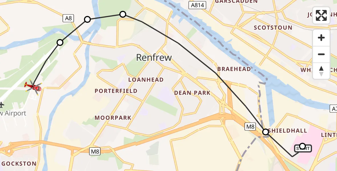 Flight route Air Ambulance Helicopter Queen Elizabeth Hospital - Glasgow Airport, 03 June 2026, 13:15