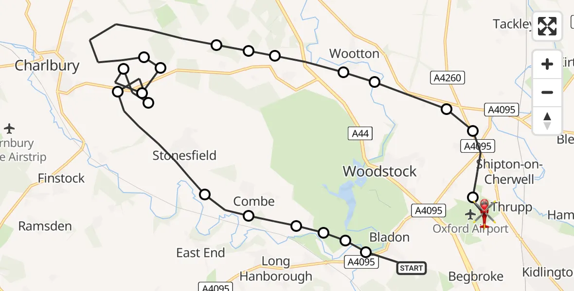 Flight route Air Ambulance Helicopter Bladon - London Oxford Airport, 03 June 2026, 13:19