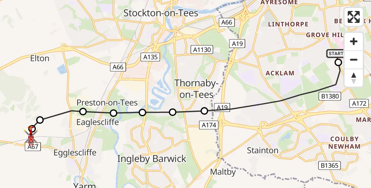 Flight route Air Ambulance Helicopter James Cook University Hospital - Egglescliffe, 03 June 2026, 13:29