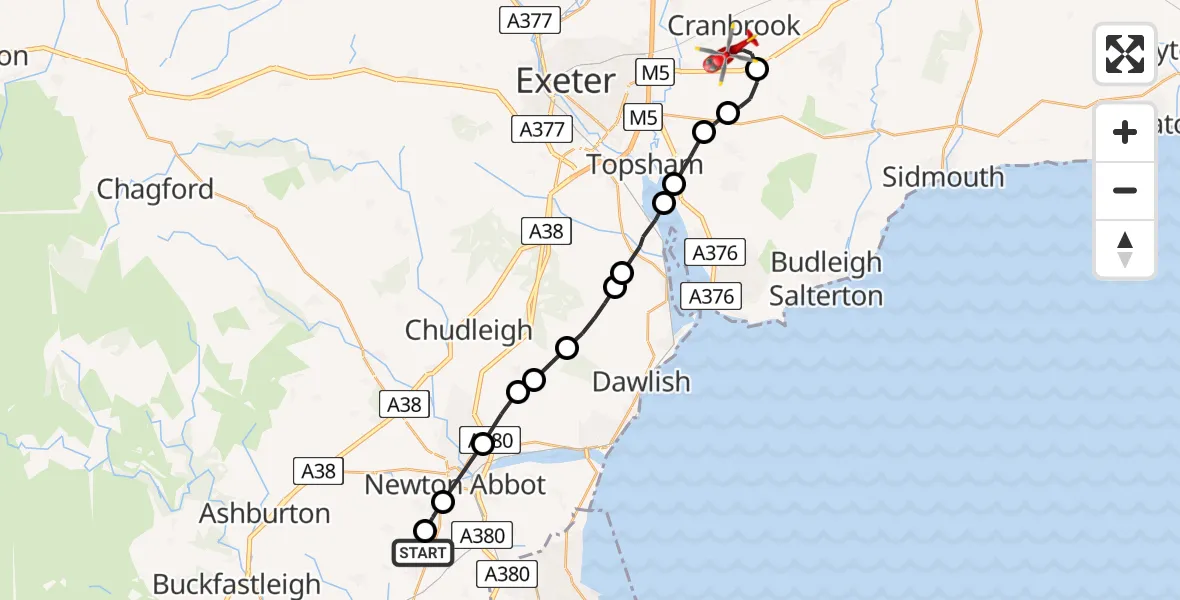 Flight route Air Ambulance Helicopter Ipplepen - Rockbeare, 03 June 2026, 13:35