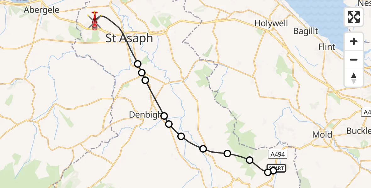 Flight route Air Ambulance Helicopter Llanferres - St Asaph, 03 June 2026, 13:42