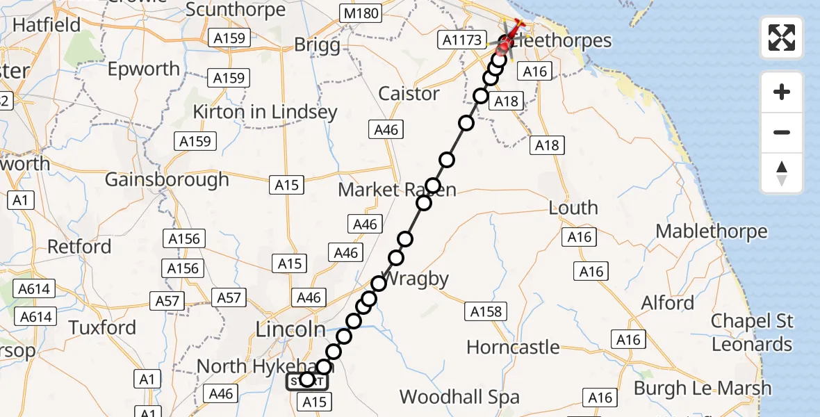 Flight route Air Ambulance Helicopter RAF Waddington - Grimsby, 03 June 2026, 14:01