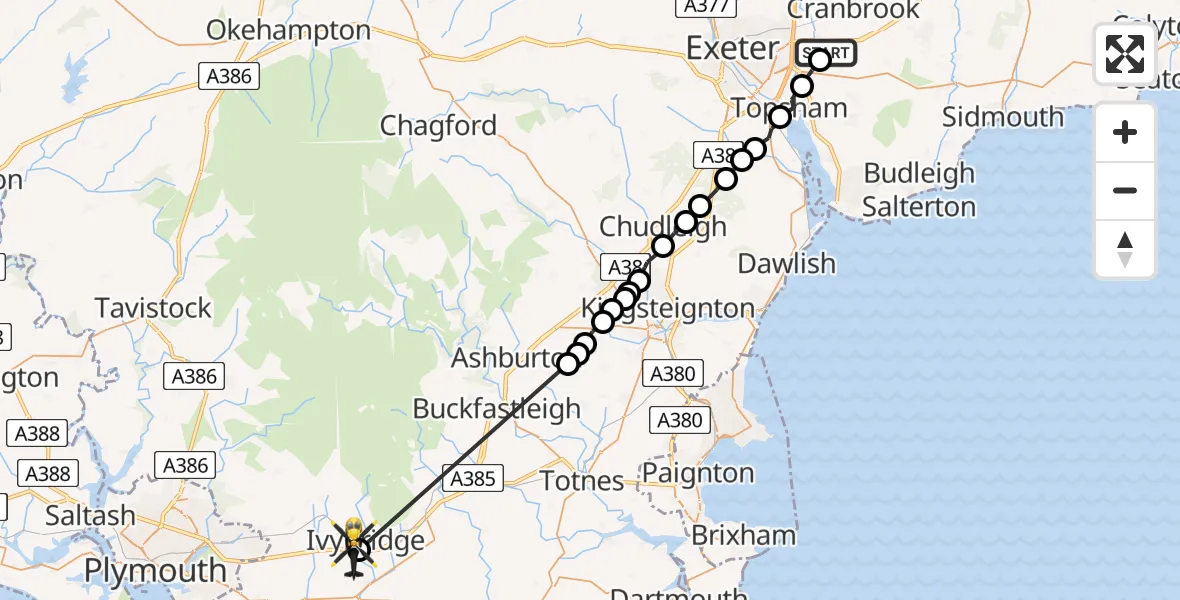 Flight route Police Helicopter Clyst Honiton - Ivybridge, 03 June 2026, 14:13
