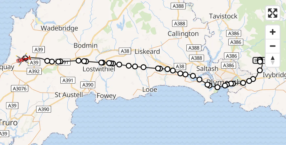 Flight route Air Ambulance Helicopter Lee Moor - Cornwall Airport Newquay, 03 June 2026, 14:15