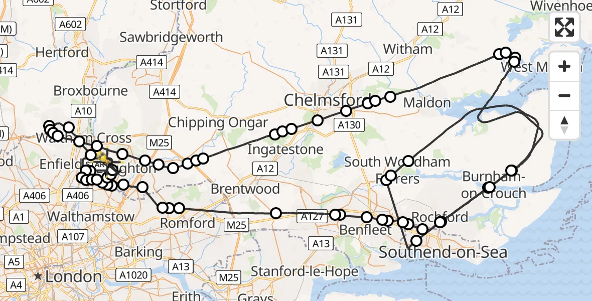 Flight route Police Helicopter Sewardstonebury - Sewardstonebury, 03 June 2026, 14:26