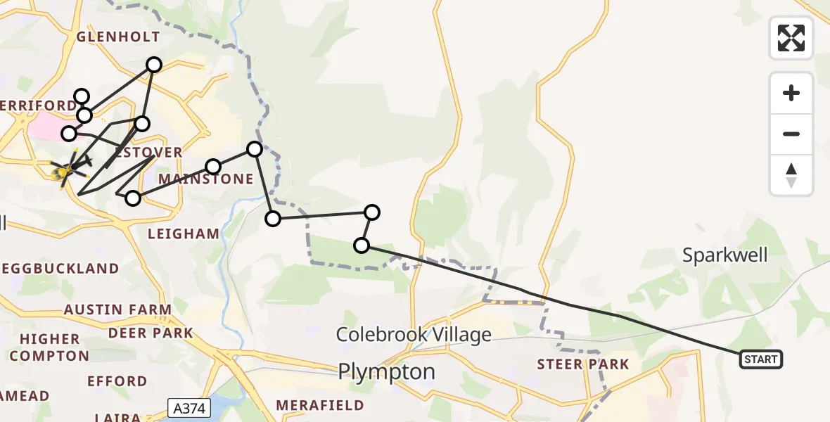 Flight route Police Helicopter Sparkwell - Estover, 03 June 2026, 14:35