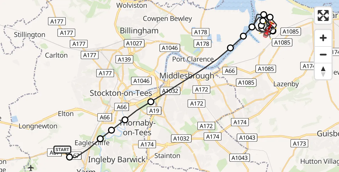Flight route Air Ambulance Helicopter Egglescliffe - Redcar and Cleveland, 03 June 2026, 14:43