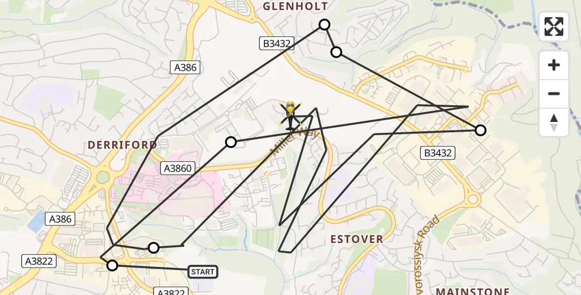 Flight route Police Helicopter Derriford Hospital - Plymouth City Airport, 03 June 2026, 14:43