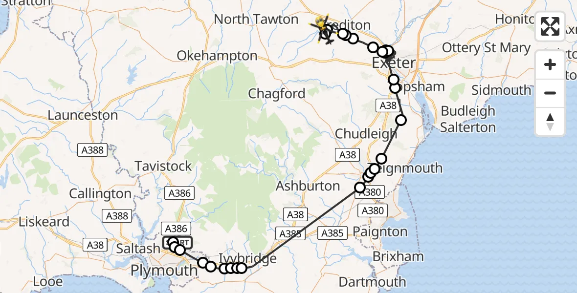 Flight route Police Helicopter Plymouth City Airport - Yeoford, 03 June 2026, 14:51