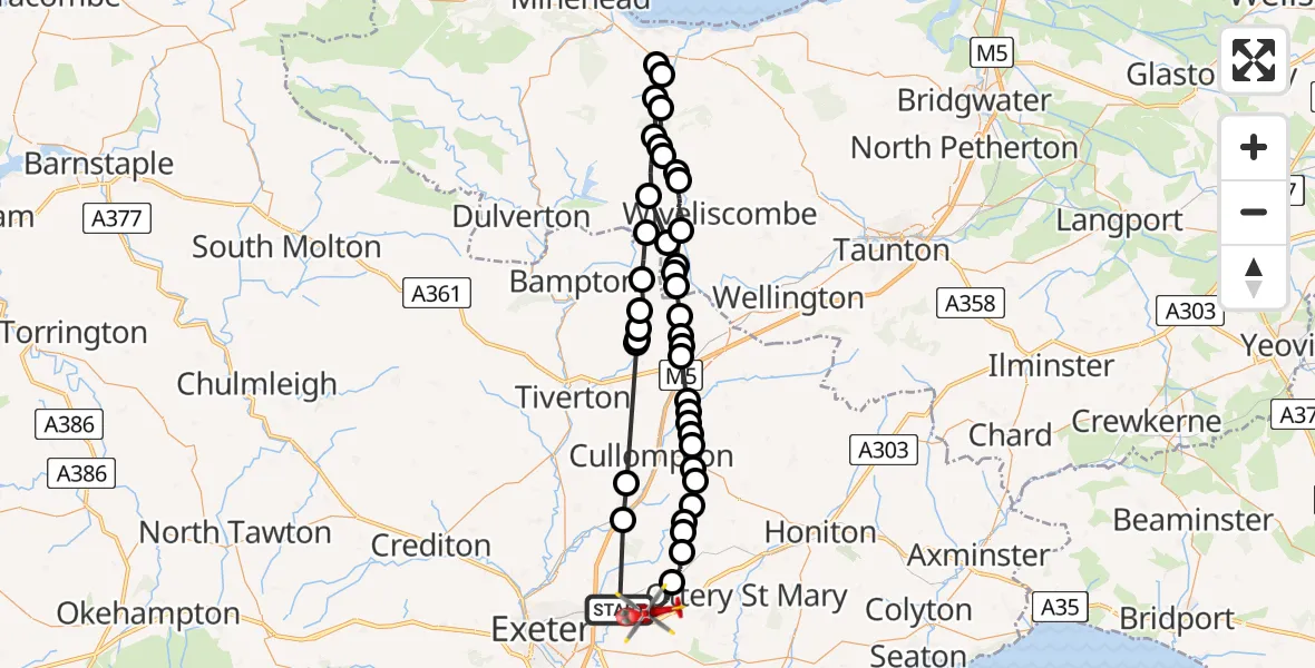 Flight route Air Ambulance Helicopter Clyst Honiton - Rockbeare, 03 June 2026, 15:03
