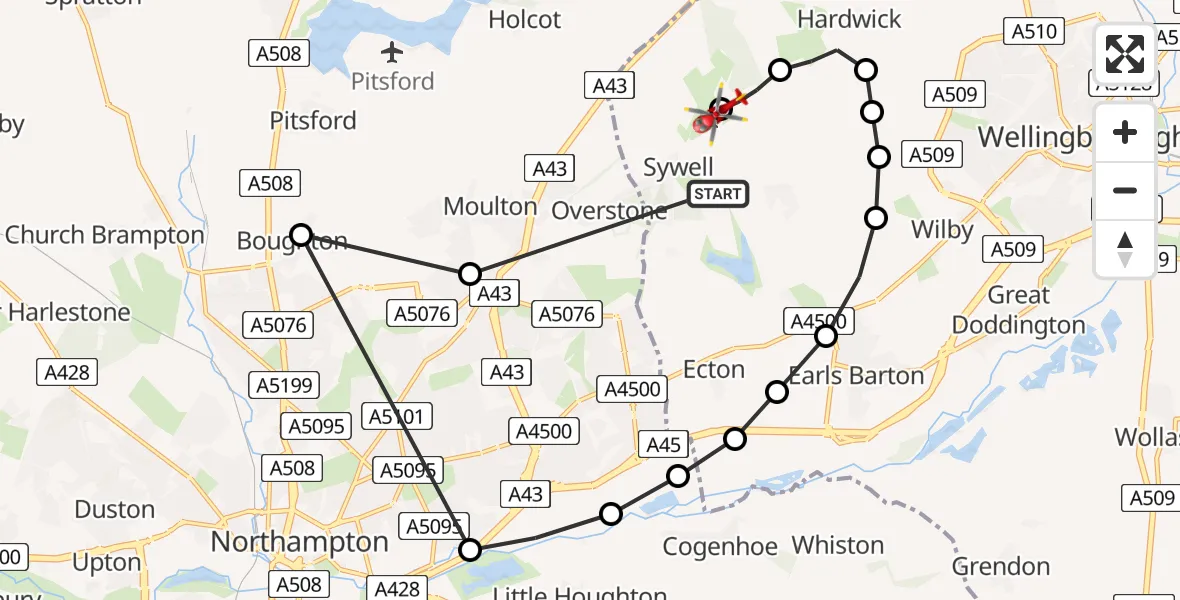 Flight route Air Ambulance Helicopter Sywell - Sywell Aerodrome, 03 June 2026, 15:03