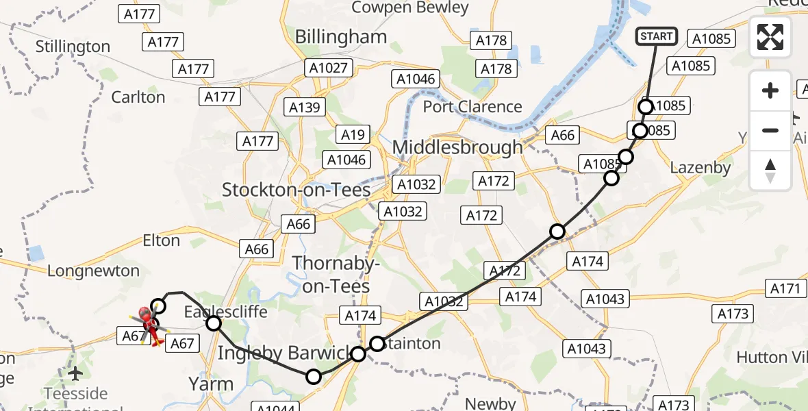Flight route Air Ambulance Helicopter Redcar and Cleveland - Egglescliffe, 03 June 2026, 15:11
