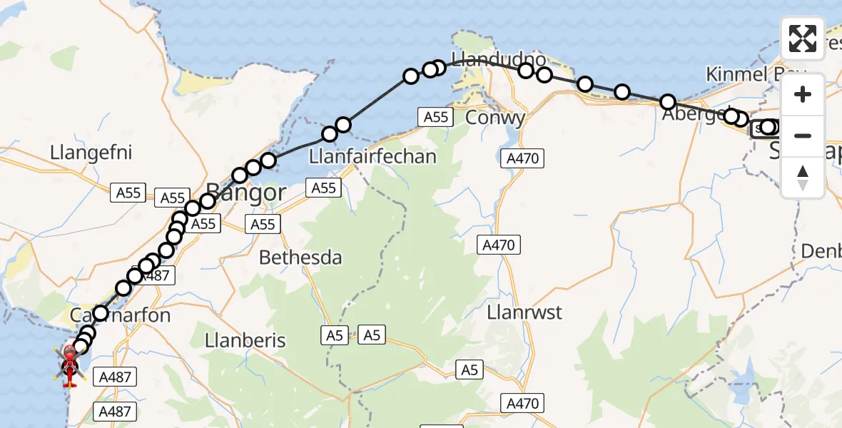 Flight route Air Ambulance Helicopter Ysbyty Glan Clywd Hospital Heliport - Caernarfon Airport, 03 June 2026, 15:11