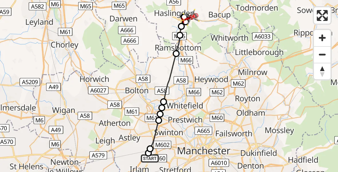 Flight route Air Ambulance Helicopter Manchester Barton Aerodrome - Rawtenstall, 03 June 2026, 15:11