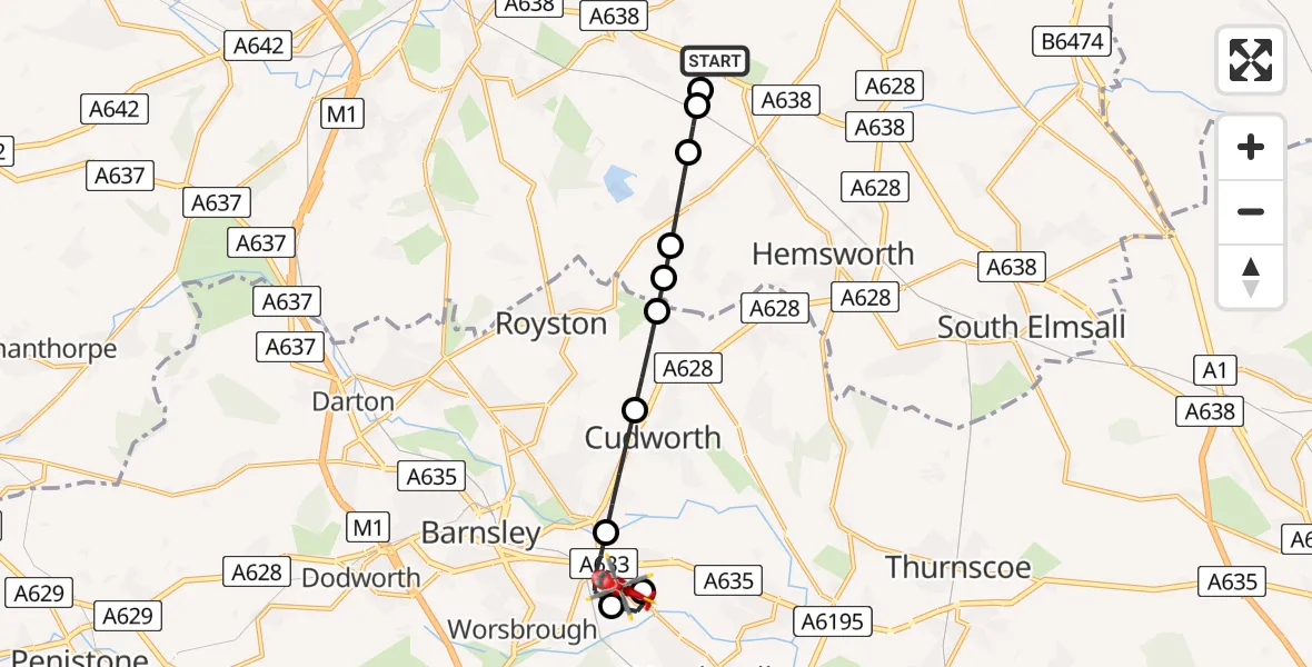 Flight route Air Ambulance Helicopter YAA Nostell Helicopter Port - Barnsley, 03 June 2026, 15:14