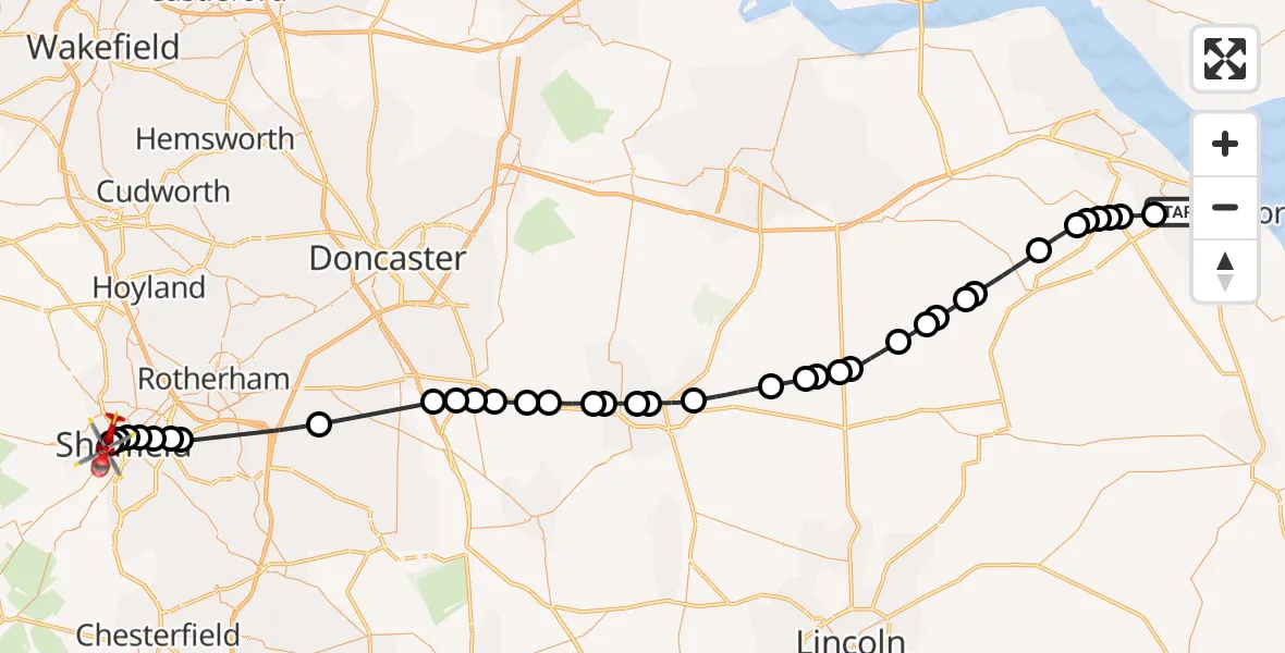 Flight route Air Ambulance Helicopter Grimsby - Sheffield Childrens Hospital, 03 June 2026, 15:18