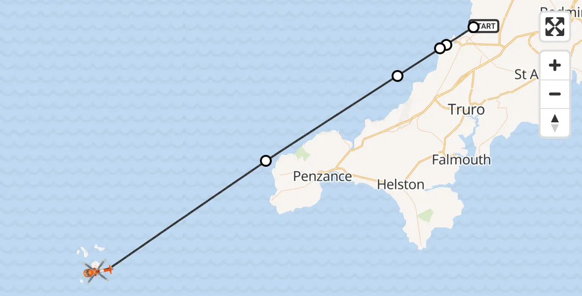 Flight route Coastguard Helicopter Cornwall Airport Newquay - St. Mary's Airport, 03 June 2026, 15:24