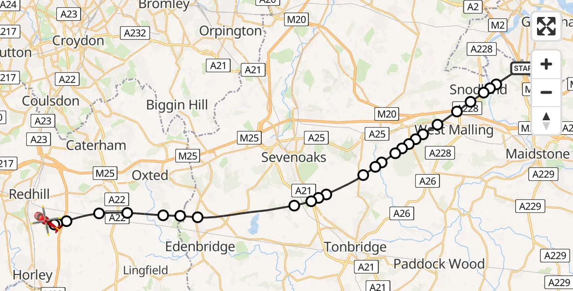 Flight route Air Ambulance Helicopter Rochester Airport - Redhill Aerodrome, 03 June 2026, 15:39