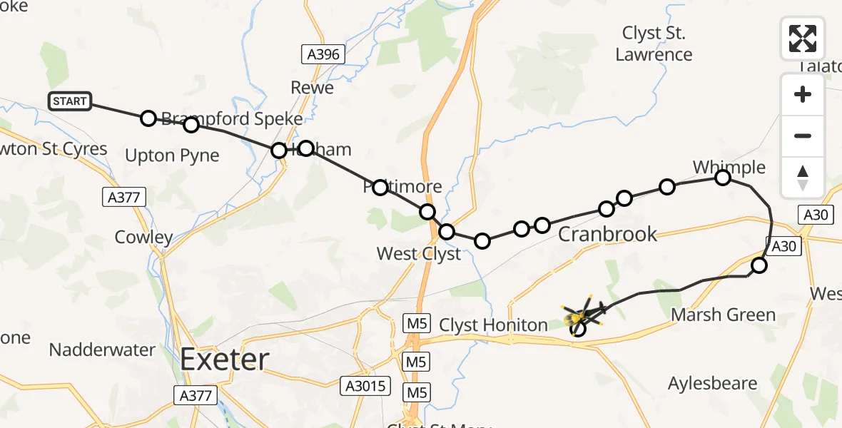 Flight route Police Helicopter Newton St. Cyres - Exeter International Airport, 03 June 2026, 15:43