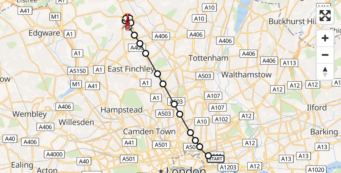 Flight route Air Ambulance Helicopter Royal London Hospital - Brunswick Park, 03 June 2026, 15:43