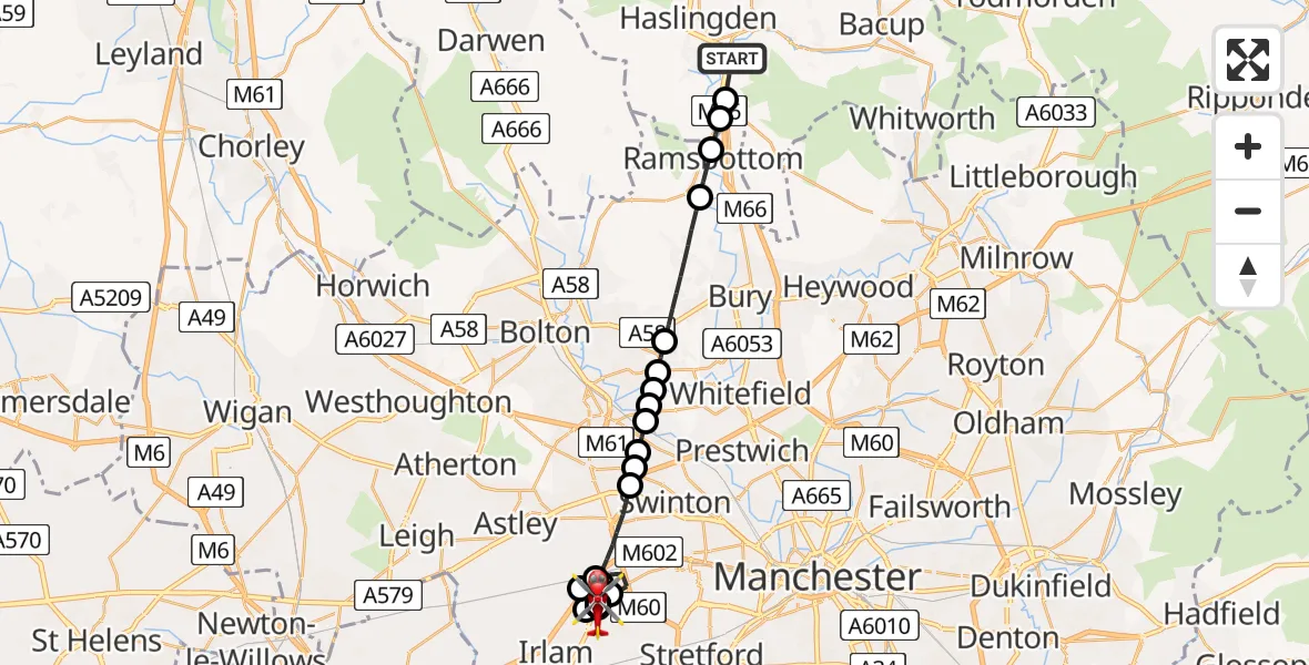 Flight route Air Ambulance Helicopter Ewood Bridge - Irlam, 03 June 2026, 15:42