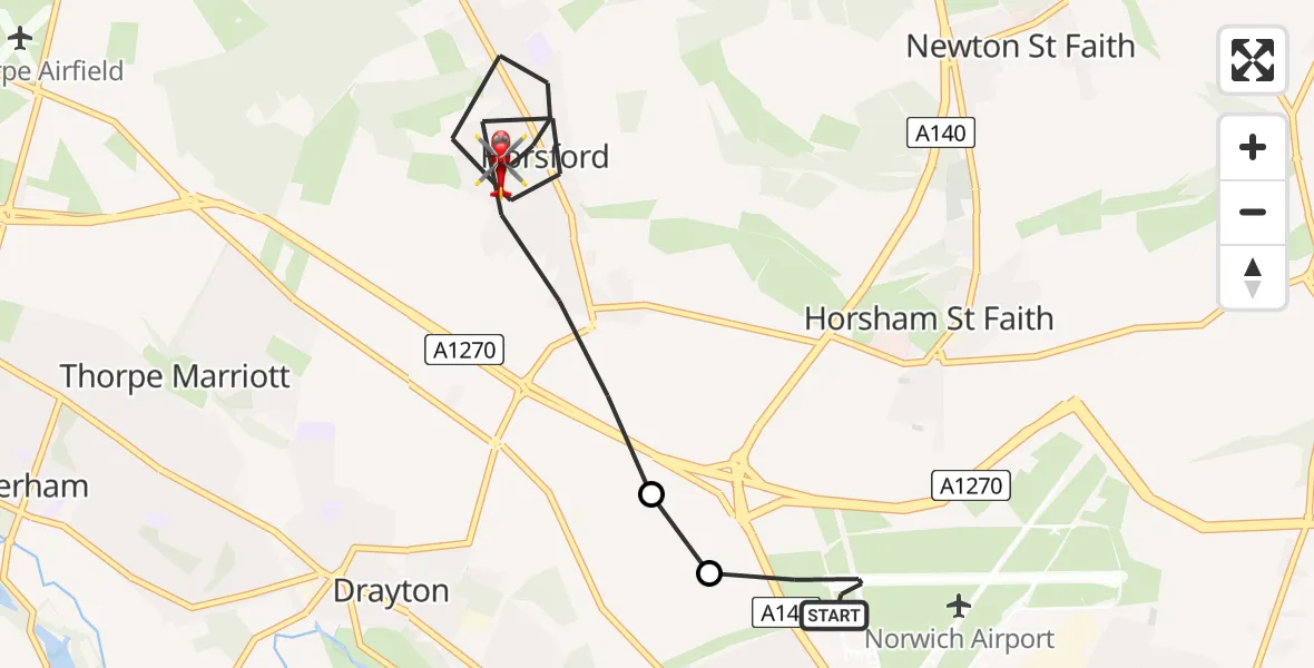 Flight route Air Ambulance Helicopter Norwich Airport - Horsford, 03 June 2026, 15:42