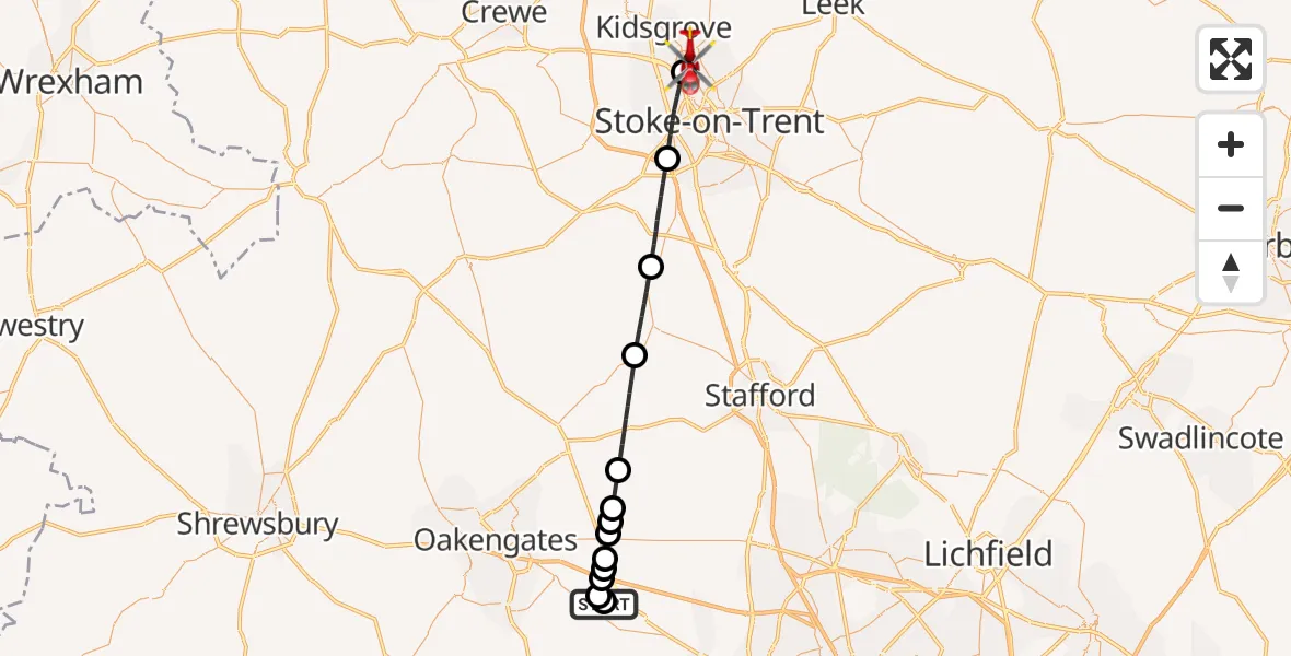 Flight route Air Ambulance Helicopter RAF Cosford - Tunstall, 03 June 2026, 15:58