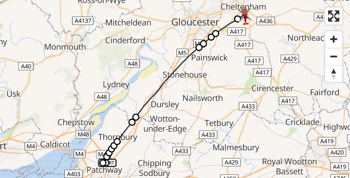 Flight route Air Ambulance Helicopter Almondsbury Helicopter Base - Cheltenham, 03 June 2026, 16:17
