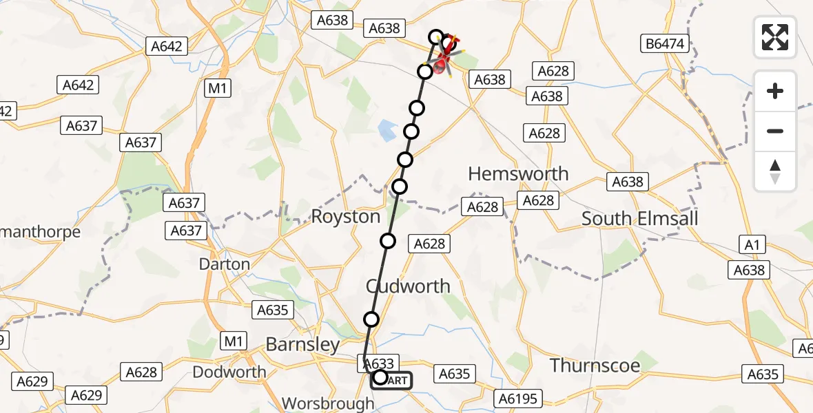 Flight route Air Ambulance Helicopter Barnsley - YAA Nostell Helicopter Port, 03 June 2026, 16:26