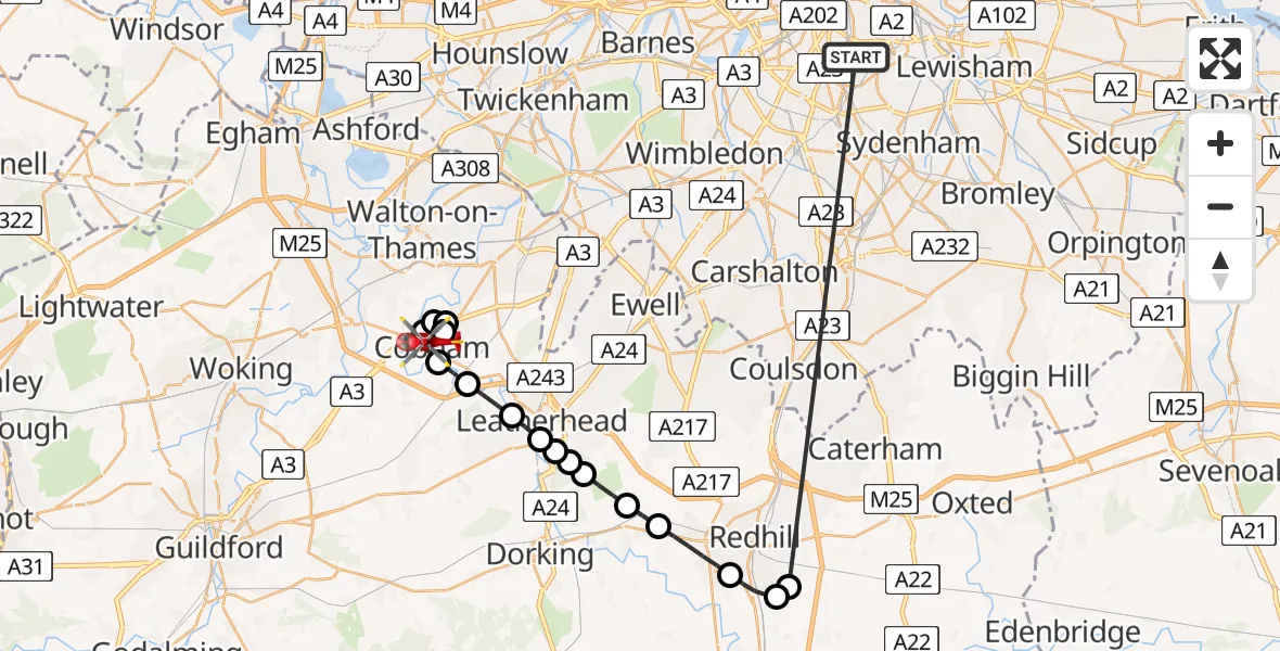 Flight route Air Ambulance Helicopter Kings College London Hospital - Cobham, 03 June 2026, 16:26