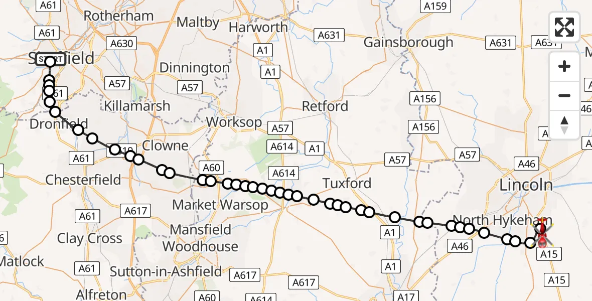 Flight route Air Ambulance Helicopter Sheffield Childrens Hospital - North Kesteven, 03 June 2026, 16:29