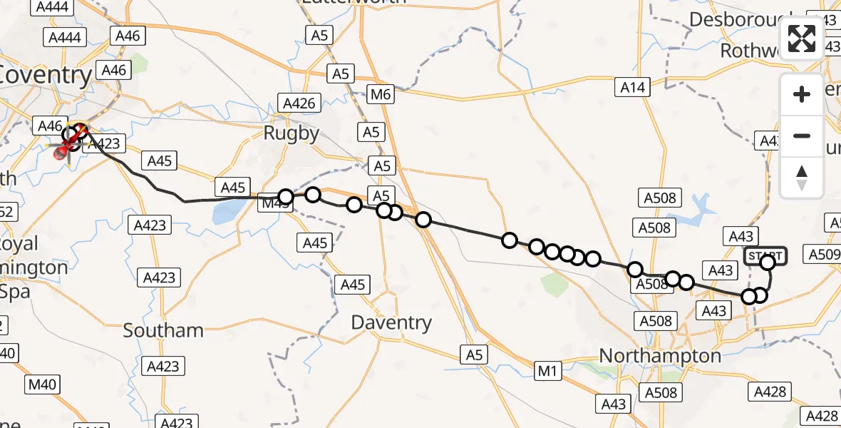 Flight route Air Ambulance Helicopter Sywell Aerodrome - Coventry Airport, 03 June 2026, 16:57