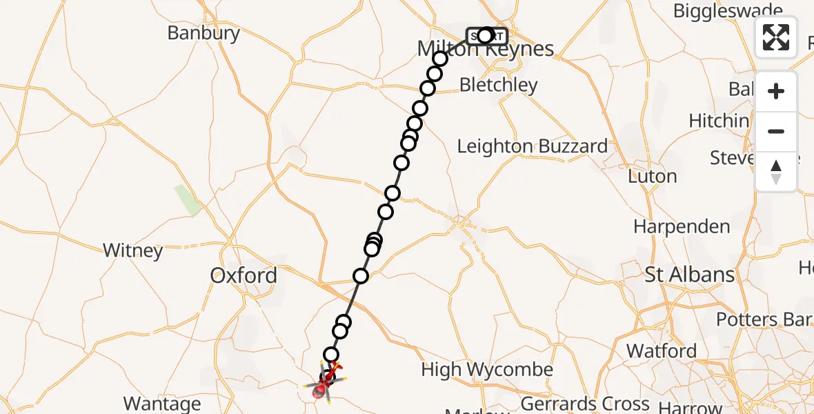 Flight route Air Ambulance Helicopter Linford Wood - RAF Benson, 03 June 2026, 17:03