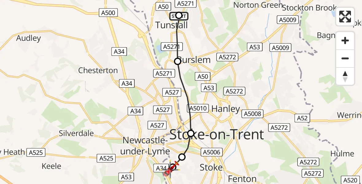Flight route Air Ambulance Helicopter Tunstall - University Hospital North Staffs, 03 June 2026, 17:05