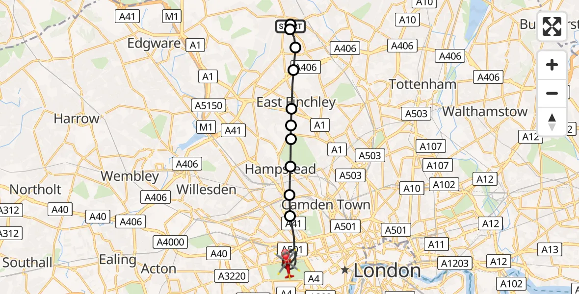Flight route Air Ambulance Helicopter Whetstone - City of Westminster, 03 June 2026, 17:08