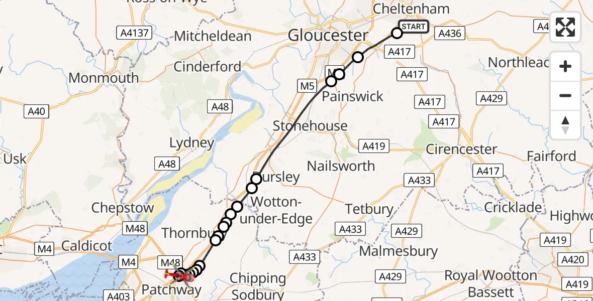Flight route Air Ambulance Helicopter Cheltenham - Almondsbury Helicopter Base, 03 June 2026, 17:18