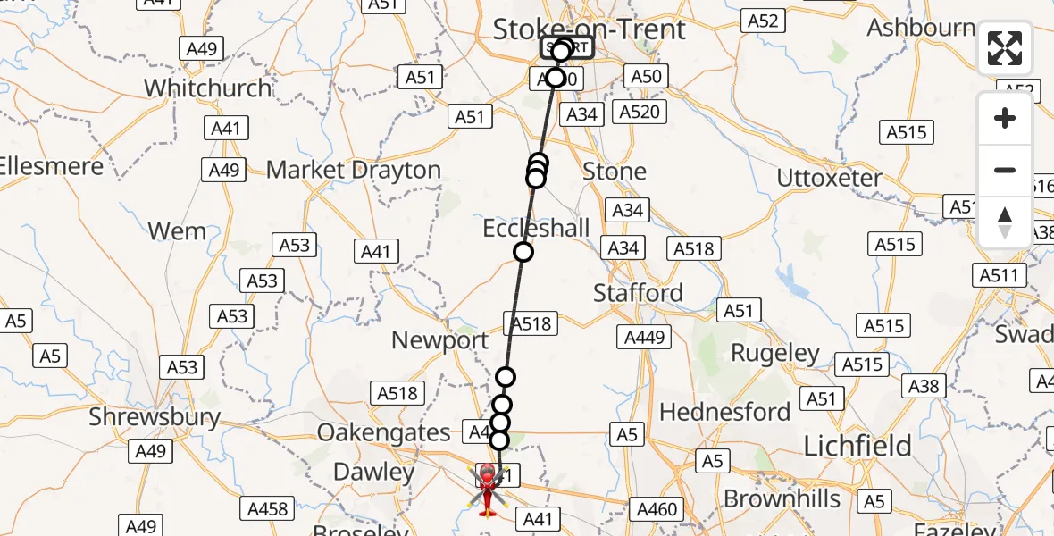 Flight route Air Ambulance Helicopter University Hospital North Staffs - Tong, 03 June 2026, 17:23