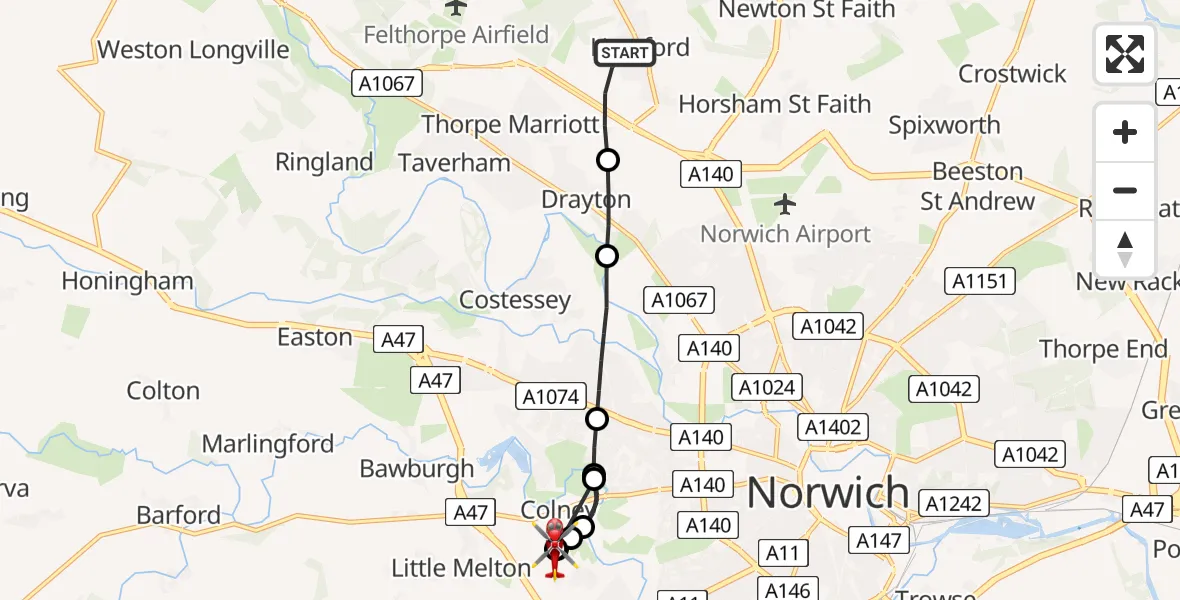 Flight route Air Ambulance Helicopter Horsford - Norfolk & Norwich Hospital, 03 June 2026, 17:26