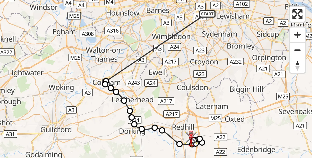 Flight route Air Ambulance Helicopter Kings College London Hospital - Redhill Aerodrome, 03 June 2026, 17:32