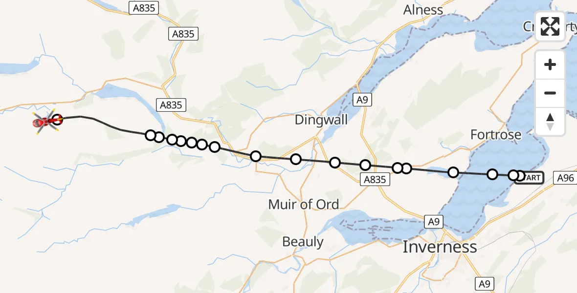 Flight route Air Ambulance Helicopter Dalcross Heliport - Badinluchie, 03 June 2026, 17:38