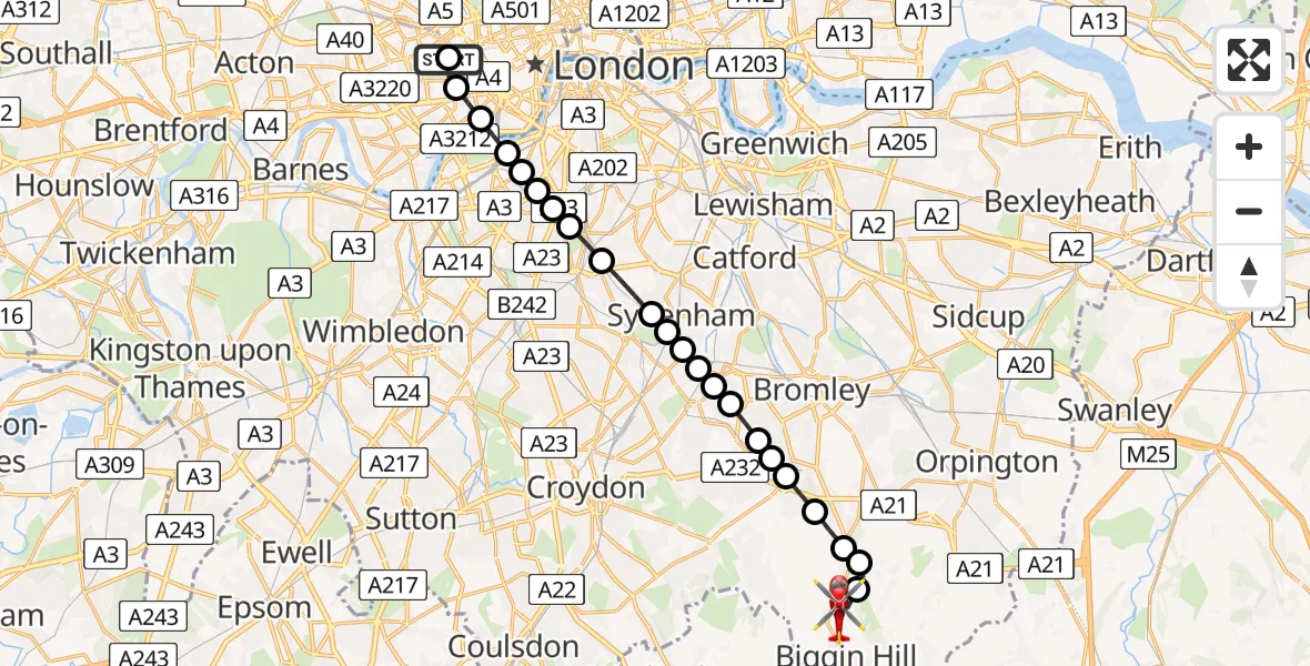 Flight route Air Ambulance Helicopter City of Westminster - London Biggin Hill Airport, 03 June 2026, 17:45