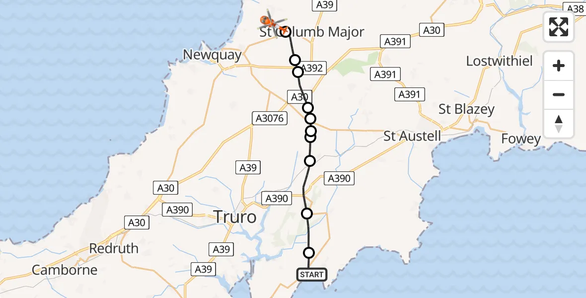 Flight route Coastguard Helicopter Veryan - Cornwall Airport Newquay, 03 June 2026, 17:51
